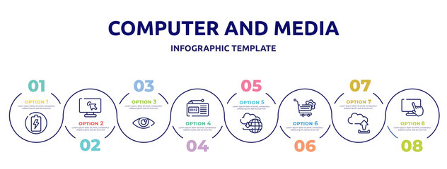 computer and media concept infographic design template. included charging circle, computer screen with arrow, shiny eye, radio alarm, cloud upload, shopping cart tings, uploading from computer,