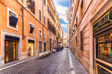 Fototapeta na wymiar Famous Italian street with shops and restaurants, Rome