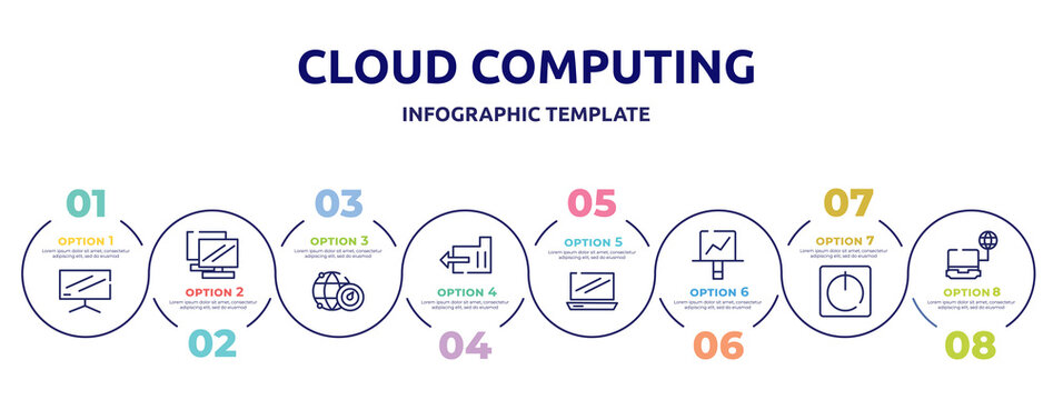 cloud computing concept infographic design template. included flatscreen tv, notebook double tool image, internet connection speed, export folder, laptop frontal opened view, screen canvas, standby,