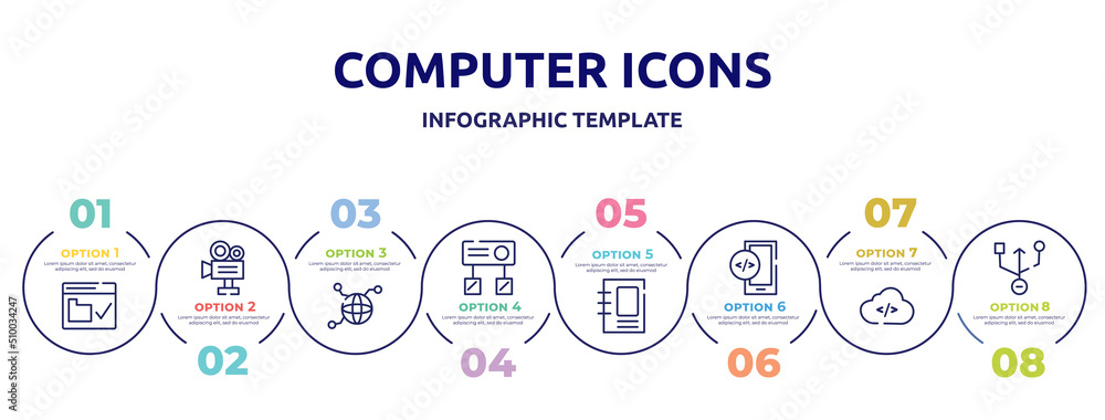 Poster computer icons concept infographic design template. included web security, video production, connect