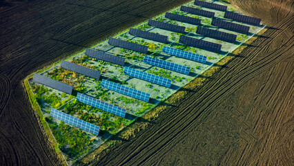 Solar Panels Battery in power station Alternative Energy from the sun. Aerial shot