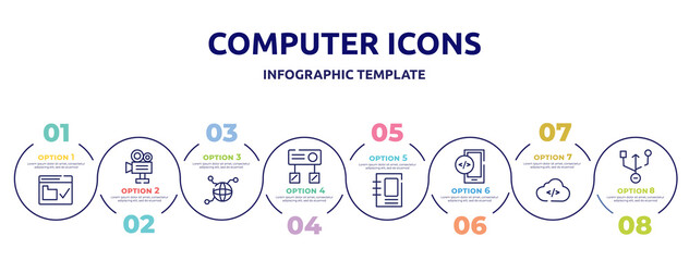 Fototapeta na wymiar computer icons concept infographic design template. included web security, video production, connected, hub, binding, mobile development, cloud coding, universal serial usb connector icons and 8