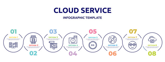 Fototapeta na wymiar cloud service concept infographic design template. included workstation, bank terminal, online robbery, infected folder, operating system, cds, nerd, cloud processing icons and 8 option or steps.