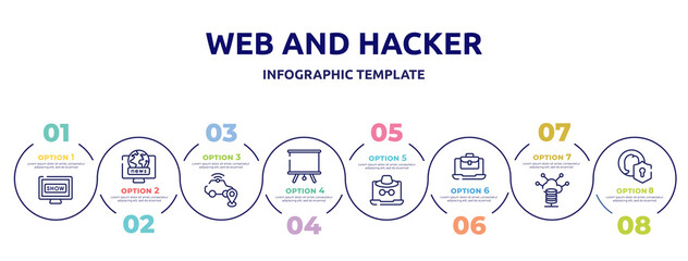Fototapeta na wymiar web and hacker concept infographic design template. included tv show, world news, safe driving, projector screen, fraud, job opportunities, server control, user protection icons and 8 option or