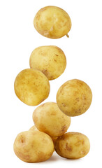 Young potatoes falling on a pile on a white background. Isolated