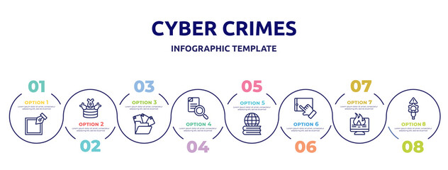 cyber crimes concept infographic design template. included edit tool, ddos, unstructured data, search file, learning, touchscreen, data loss, connectivity icons and 8 option or steps.
