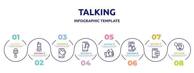 talking concept infographic design template. included news microphone, phone home, phone with heart, phone music, with hand, touch, windows on man with speech bubble icons and 8 option or steps.