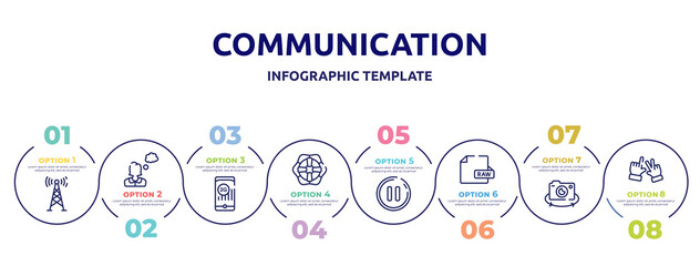 communication concept infographic design template. included telecommunication, thoughtful, 2g, lifeguard, pause button, raw file, rotate camera, icons and 8 option or steps.