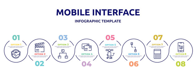 mobile interface concept infographic design template. included , clapboard, ethernet, postal, air pump, communicator, keypad, airplane mode icons and 8 option or steps.