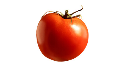 One fresh tasty red tomato. Juicy multi-celled berry. An annual or perennial herb. Vegetable culture. Juicy tomato with a green stem on a white background.