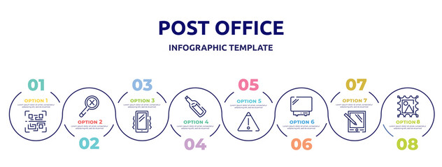 post office concept infographic design template. included qr scan, not found, vibration, message in a bottle, warning, , pda, post stamp icons and 8 option or steps.