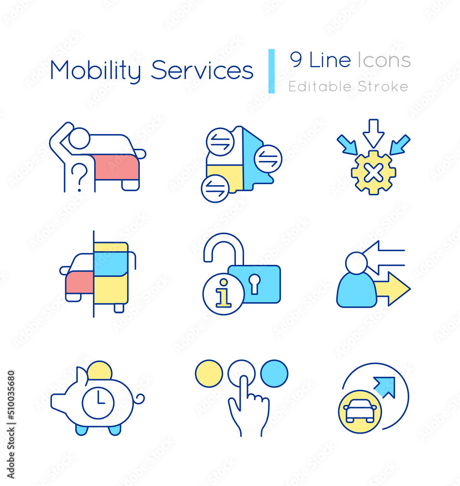 Poster mobility services rgb color icons set. maas and city infrastructure. isolated vector illustrations. 