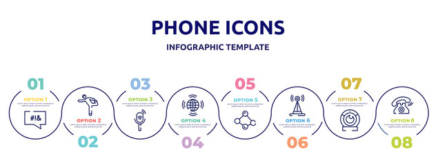 phone icons concept infographic design template. included swear, stretching, listener, worldwide transmissions, social normal, radio antenna, web camera, old telephone ringing icons and 8 option or