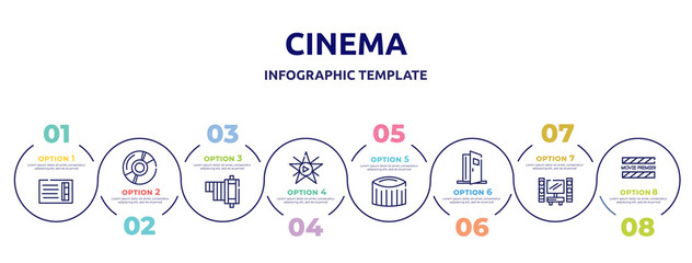 cinema concept infographic design template. included prompt box, dvd, negative film, film star, zoetrope, doorway, home cinema, premiere icons and 8 option or steps.