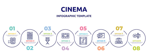 cinema concept infographic design template. included movie film, film poster, film director, photograms, soundtrack, subtitle, online movie, slow motion icons and 8 option or steps.