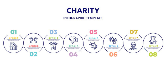 Obraz premium charity concept infographic design template. included shelter, voluntary service, happy kids, donate, loudspeaker, dog pawprint, , clothes donation icons and 8 option or steps.