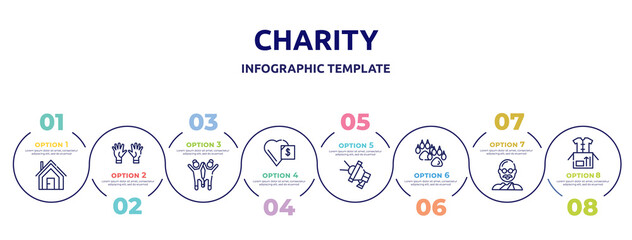 charity concept infographic design template. included shelter, voluntary service, happy kids, donate, loudspeaker, dog pawprint, , clothes donation icons and 8 option or steps.