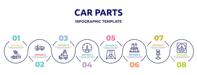 car parts concept infographic design template. included car seat belt or safety belt, car soft top, luggage rack, fuel gauge, hood, distributor cap, piston, ammeter icons and 8 option or steps.