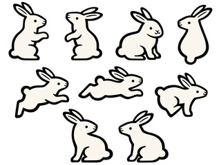 手描き風の白いウサギのイラストセット