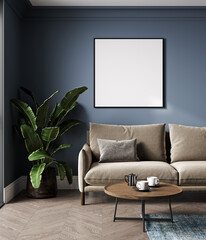 Empty poster frame mockup on blue wall in luxury interior background with brown sofa, frame mock up in modern interior background, 3d rendering