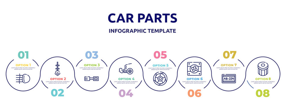 car parts concept infographic design template. included car fog lamp, car dipstick, petrol cap, exhaust, tyre, fan, numberplate, oil filter icons and 8 option or steps.