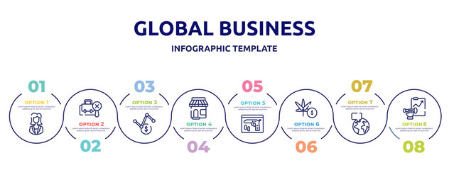 Fototapeta na wymiar global business concept infographic design template. included businesswoman, not search, volatility, convenience store, evidence, marijuana, breaking, forecast icons and 8 option or steps.