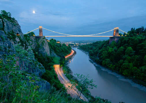 Clifton Suspension Bridge at Dusk with Vehicle Light Trails