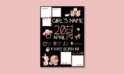 Girl posters, height, weight, date of birth. Vector illustration of teddy bear and baby supplies on pink, black background. Illustration newborn metric for children's bedroom.