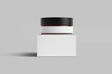 Blank glass cosmetic jar mockup with box packaging isolated on white background. 3d rendering. mask, serum, balsam or cream container with empty label.  - obrazy, fototapety, plakaty
