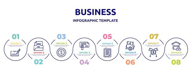 business concept infographic design template. included cryptographic, files and folders, dollar coin, authorization, explanation, money transfer, spreading, wholesaler icons and 8 option or steps.
