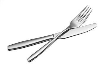 The metal shiny fork and knife on a white background.