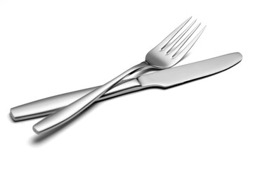 The metal shiny fork and knife on a white background.