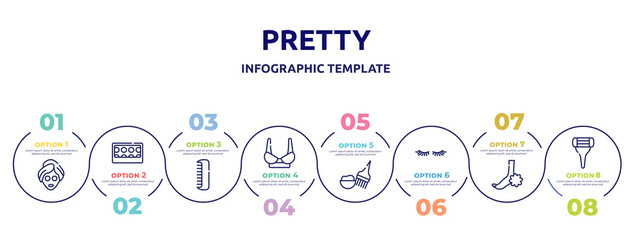 pretty concept infographic design template. included beauty face mask, eye shadow pallette, men comb, women brassiere, hair dye kit, two eyelashes, pedicure, women razor icons and 8 option or steps.