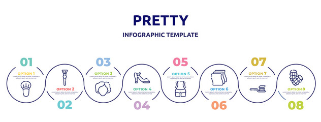 pretty concept infographic design template. included blush brush, inclined makeup brush, woman face, high heel shoe, women waist, cleaning wipes, tooth brush, hair rollers icons and 8 option or