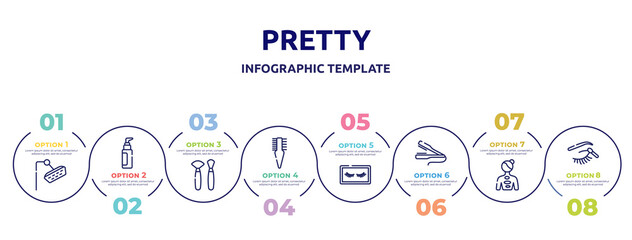 pretty concept infographic design template. included shower head, liquid makeup, makeup brushes, two side comb, false eyelashes, flat iron, hot stone massage, eye shadow makeup icons and 8 option or