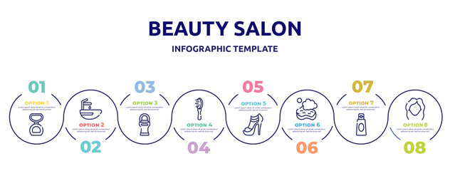 beauty salon concept infographic design template. included matte powder, hair washer sink, roll on deodorant, inclined hairbrush, high heel, bath sponge, shampoo bottle, women makeup icons and 8