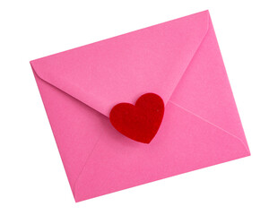Pink craft envelope mail red heart isolated on the white background