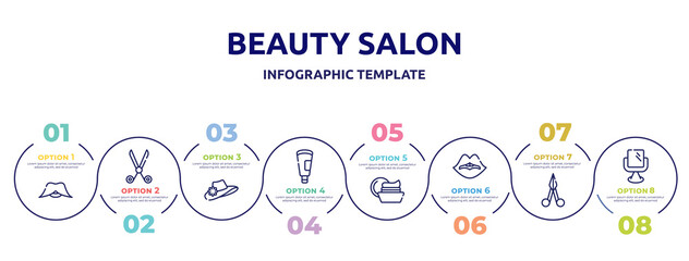 beauty salon concept infographic design template. included big moustache, hairdresser scissors, vintage woman hat, cream tube, facial cream, woman lips, manicure scissors, makeup mirror icons and 8