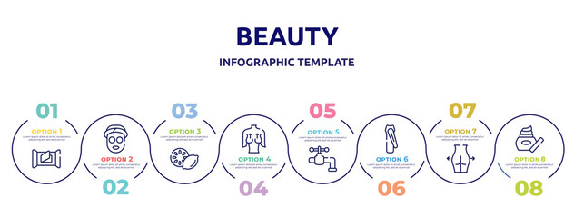 beauty concept infographic design template. included wet wipes, sleeping mask, lemon slice, mastopexy, faucet, nail clippers, gluteus, skin care icons and 8 option or steps.