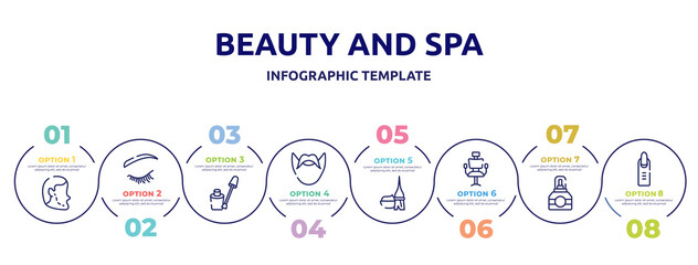 beauty and spa concept infographic design template. included implant, eyelash, nail color, hipster, dye, hairdresser chair, cologne, nail icons and 8 option or steps.