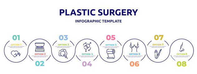 plastic surgery concept infographic design template. included hearts, eye shadow, mesotherapy, sex reas, roll on, breast reduction, lip gloss, rhinoplasty icons and 8 option or steps.