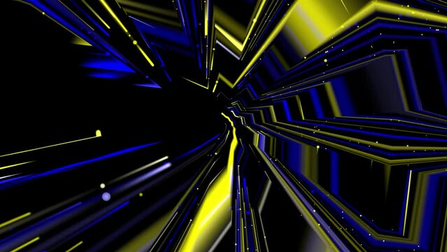 Blue and yellow rays of light on the background of the starry sky. Distorted, change their shape. Flashes pass through them. Endless cycle. The loop.
