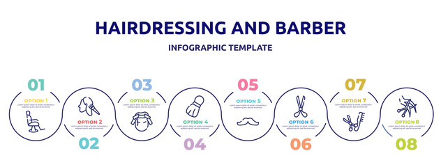 hairdressing and barber concept infographic design template. included barber chair, hair dye, curlers, shaving brush, mustache, scissors opened tool, scissors and comb, haircut icons and 8 option or