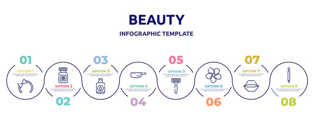 beauty concept infographic design template. included hair tie, proteins, nail polish remover, kitchen pack, shaving razor, jasmine, kiss, eyebrow pencil icons and 8 option or steps.