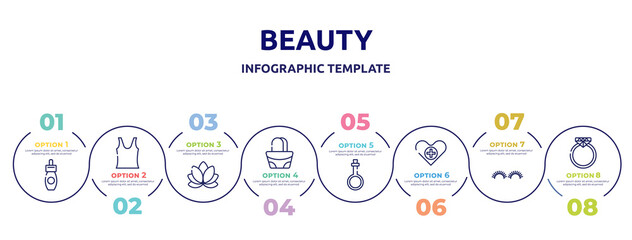 beauty concept infographic design template. included remover, tank top, lily, hand bag, potions, health care, grace, diamond ring icons and 8 option or steps.