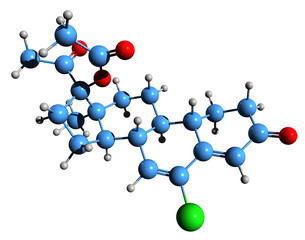 3D image of Amadinone acetate skeletal formula - molecular chemical structure of  steroidal progestin isolated on white background
