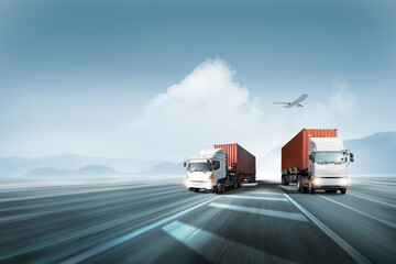 Logistics import export and cargo transportation industry concept of Container Truck run on highway...