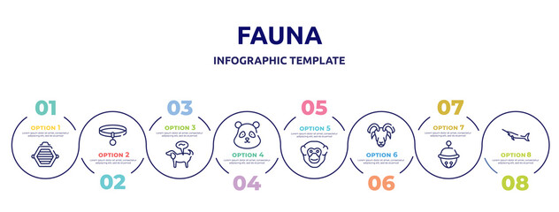 fauna concept infographic design template. included cat box, collar, pet disease, panda bear head, chimpanzee head, male sheep head, sleighbell, big swordfish icons and 8 option or steps.