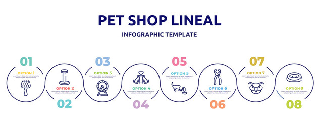 pet shop lineal concept infographic design template. included grooming brush, scratching platform, hamster wheel, couple of dogs, dog eating, nail trimmer, owl head, pet bed icons and 8 option or