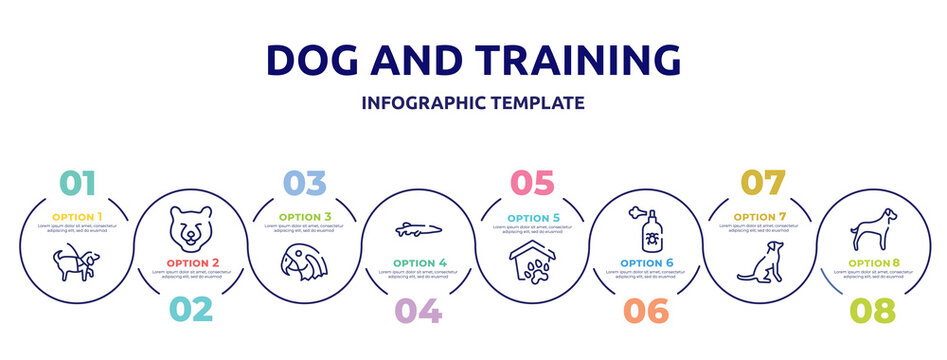 dog and training concept infographic design template. included guide dog, bear head, parrot head, big pike, pet shelter, spray, dog seatting, great dane icons and 8 option or steps.